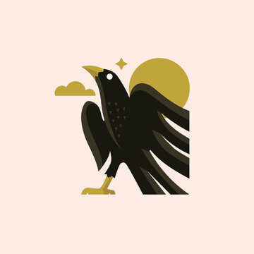Stylized black raven bird with golden sun and accents