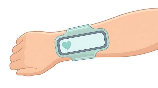 Illustration of a modern wearable health sensor or smart patch on a wrist for heart rate monitoring and medical tracking.
