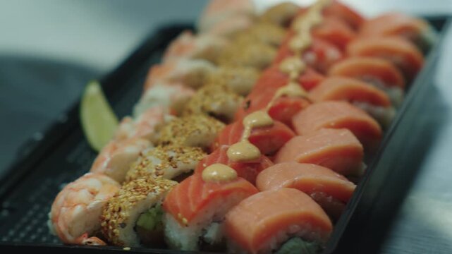 Sushi set. Japanese food. A sushi chef decorates and decorates a sushi set with various toppings. Sushi preparation.