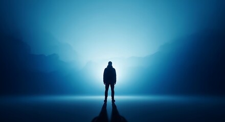 Fototapeta premium Silhouette of a person, standing alone, backlit, dramatic lighting, blue background