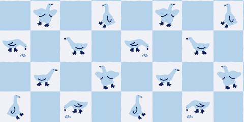 Cute blue geese seamless pattern, hand-drawn goose checkered background for nursery © oxygen_8