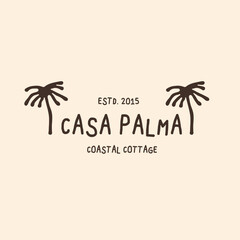 Obraz premium Casa Palma coastal cottage logo template featuring hand-drawn palm trees and rustic typography for tropical real estate or vacation branding.
