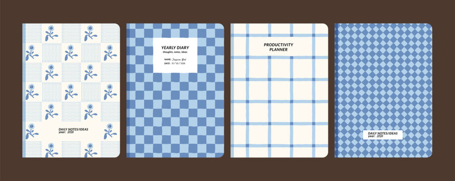 Set of notebook, diary and planner cover designs with blue hand-drawn checkered and floral patterns Stationery templates