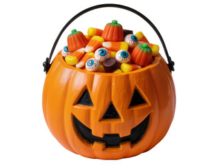 Orange jack-o -lantern candy bucket, filled with candy corn, pumpkin candies, and spooky eyeballs, isolated PNG on transparent background, festive graphic © Francisco