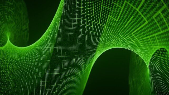 Looped background with twisted digital structure made of glowing green dots and geometric grid lines. Abstract technology form with intricate rectangular patterns overlayed dotted matrix. 4K 60fps