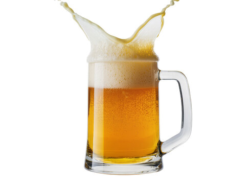 Refreshing golden beer splashing vigorously from a clear glass mug, creating dynamic foam, isolated PNG on transparent background, ideal for beverage ads