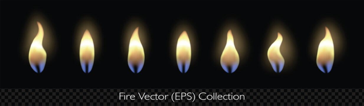 Small realistic fire set, like candle fire, match fire, lighter fire or fire from another small ignition source, vector (EPS), editable illustration on transparent background