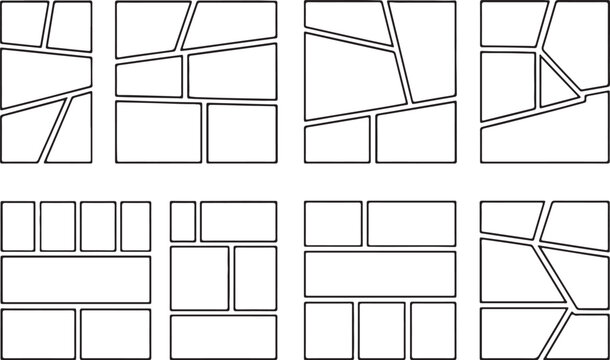 Vertical storyboard layout with a sequence of blank manga frames for action scenes. Professional comic book grid template for magazine covers, portfolio presentations, and story planning.
