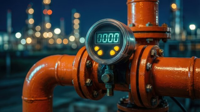 Macro close-up of a digital flow meter on bright orange pipeline at night, glowing LCD display in a modern industrial refinery setting


