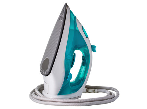 Contemporary electric steam iron with teal and white design, coiled power cord, isolated PNG on transparent background, a vital tool for household garment care
