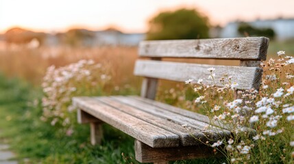 Wooden garden bench sits among tall grass and wildflowers under soft golden hour light in a natural setting, showing signs of age and care
