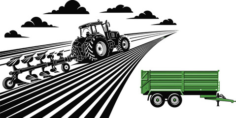 Agriculture vector illustration with tractor plowing field and farm trailer wagon isolated farming machinery design elements © Jahangir