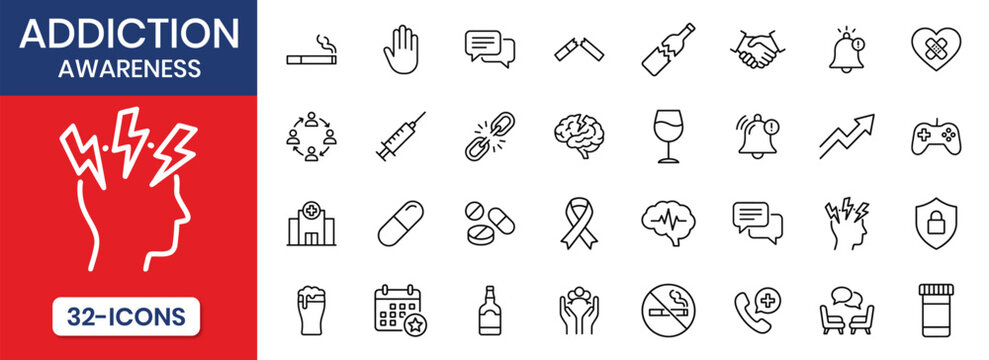 Addiction Awareness Thin Line Icon Set Smoking Alcohol Prevention