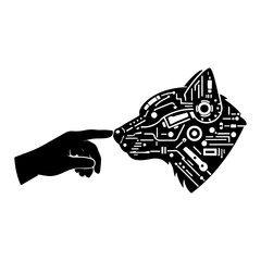 Fototapeta premium Human Hand Touching Cyber Dog – Symbolic Tech Connection