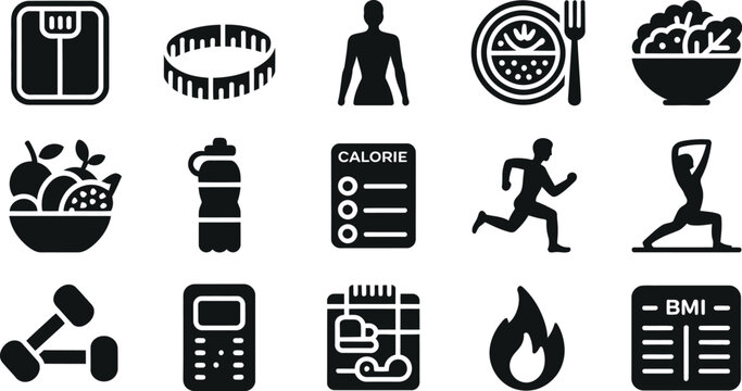 Set of health fitness and nutrition lifestyle icons isolated on transparent background