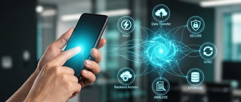 Cloud computing, data transfer, cybersecurity, mobile app, backend access, network sync, digital storage concept showing hand using smartphone for enterprise IT management.