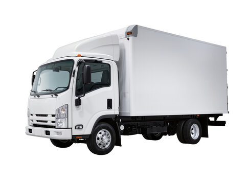 Modern white box truck, a commercial cargo delivery vehicle, isolated PNG on transparent background, ready for logistics and transportation design projects