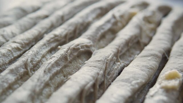 Close-up of raw bread dough sticks arranged in rows, dusted with flour. 