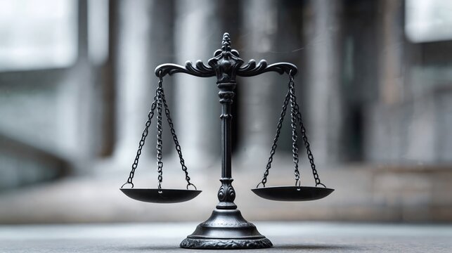 Black metal balance scales positioned on a smooth surface, with a blurred architectural background suggesting a legal or judicial environment