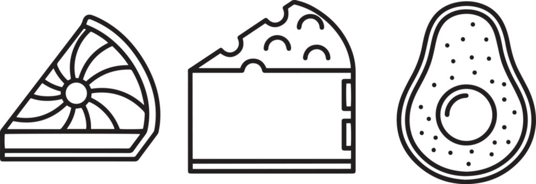 Food Icons with Slice of Pie, Cake and Avocado