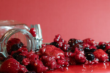 Red berry jam making process series with fresh strawberries raspberries and blueberries - pic 13