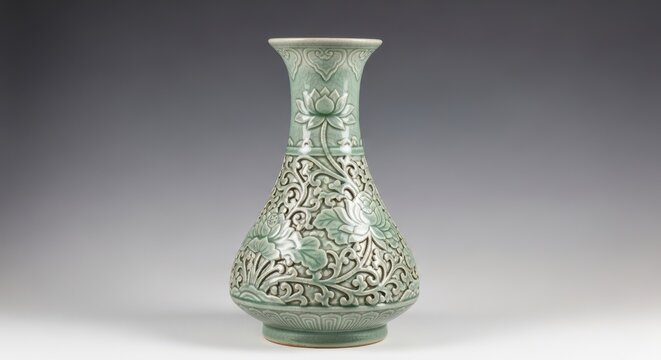Ancient chinese ceramic vase with intricate floral designs and celadon glaze