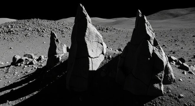 Jagged basaltic rock formations emerging from the desolate lunar surface under a stark black sky