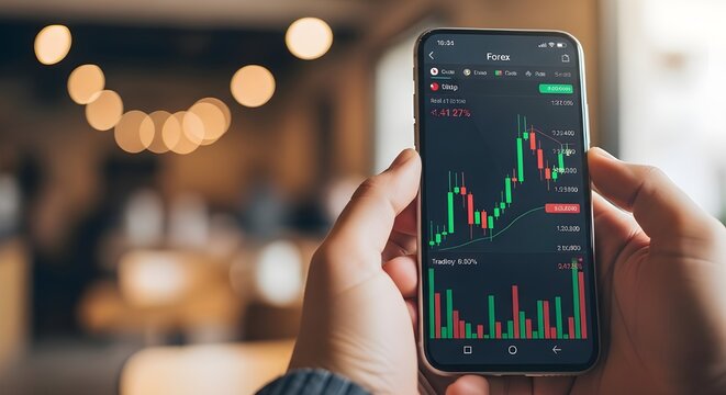 Male hands holding mobile phone displaying forex trading interface with green and red candlestick bars and price indicators against bokeh background for financial technology and investment.