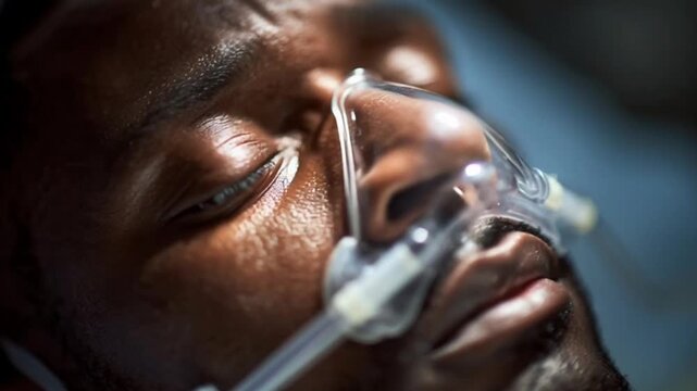 Close-Up of Hospital Patient Struggling to Breathe, Medical Emergency Scene Showing Respiratory Distress, Oxygen Support, and Critical Care Environment Highlighting Health Crisis