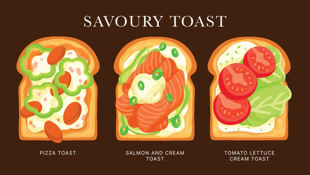 Toast salmon tomato avocado bread breakfast hand drawn set vector