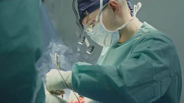 Professional doctor man male surgeon using electrocautery instrument with smoke doing precise neurosurgical procedure operating physician practitioner with assistant intern two men surgery medicine