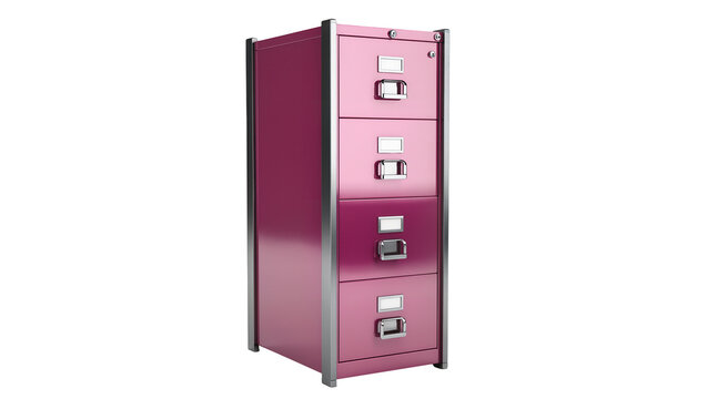 Vibrant pink four-drawer metal filing cabinet PNG, a modern office storage solution isolated on transparent background for organization