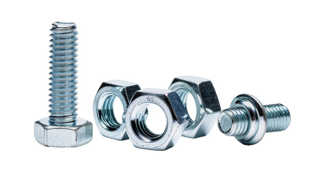 Collection of shiny metallic hex bolts and nuts, crucial fastening hardware components, isolated on transparent background PNG for industrial design