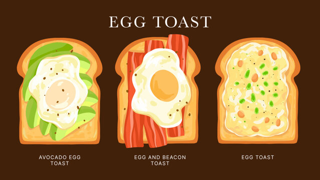 Egg beacon avocado toast bread breakfast hand drawn set vector