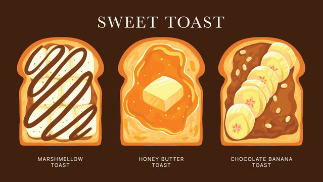 Sweet toast marshmellow banana chocolate honey butter bread breakfast hand drawn set vector