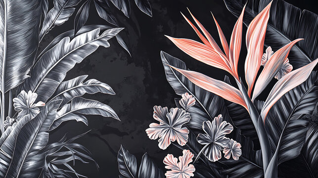 Vibrant pink and gray tropical leaves and flowers bloom against a dark background