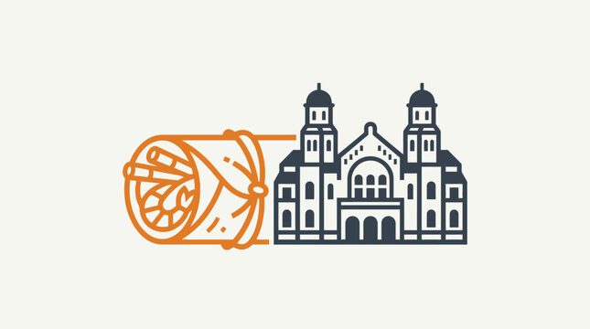 Jewish Synagogue and Scroll Symbolizing Torah