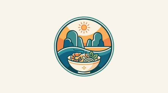 Vietnamese Pho Bowl with Scenic Landscape Emblem