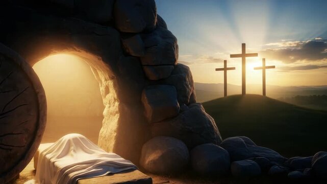 Depiction Of Empty Tomb With Draped Stone Bed In Cave Setting As Sunlight Pours Forth Three Crosses On Hill In The Background With Sunrise Good For Easter Religious Themes
