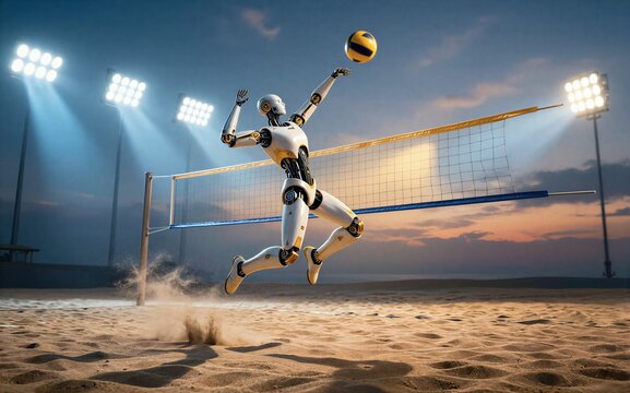 Robotic athlete leaps for beach volleyball under stadium lights at