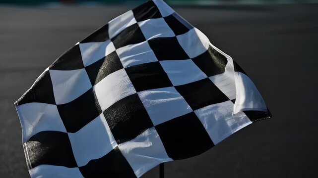 A checkered flag waves in the air during a racing video event