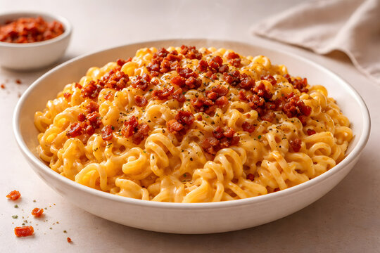 Spiral ramen noodles coated in melted cheese with crispy bacon crumbs arranged in artistic minimal plating