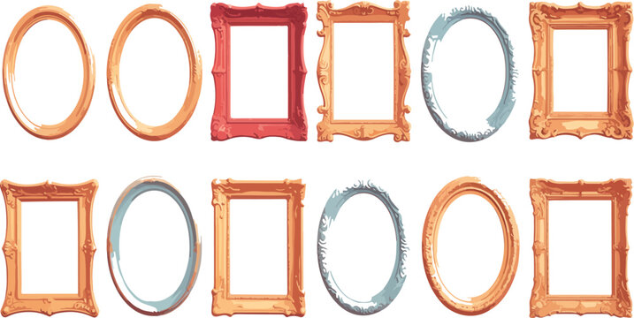 Doodle mirror frames with antique ornate decorative borders, elegant cartoon-style photo frames, isolated vector collection illustration set