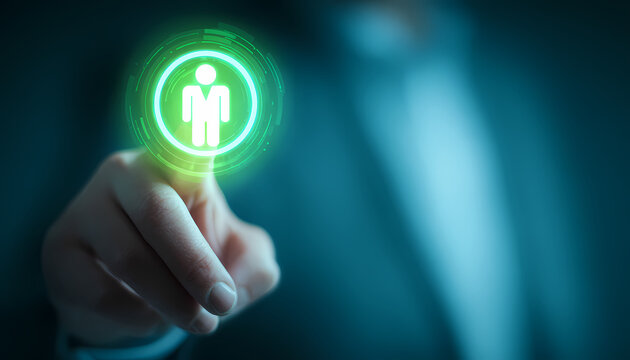 Concept de recrutement num&eacute;rique et de r&eacute;seautage professionnel avec interface de donn&eacute;es holographique