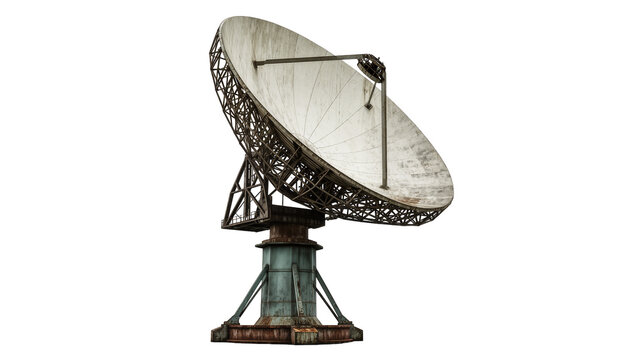 Large old rusty satellite dish, an isolated vintage radio telescope antenna for communication and scientific research PNG on transparent background