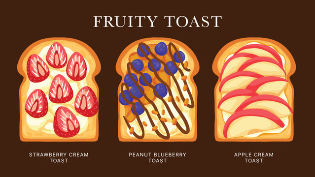 Fruit Toast strawberry blueberry apple chocolate cheese  bread breakfast hand drawn set vector