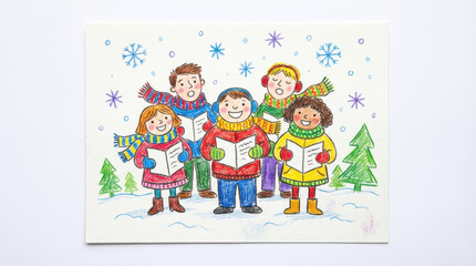 Fototapeta premium Cheerful group singing Christmas carols joyfully in snow surrounded by colorful scarves and winter trees creating festive scene