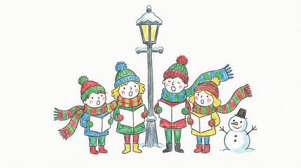 Obraz premium Cheerful group of children singing Christmas carols together near snow covered lamp post with snowman smiling nearby