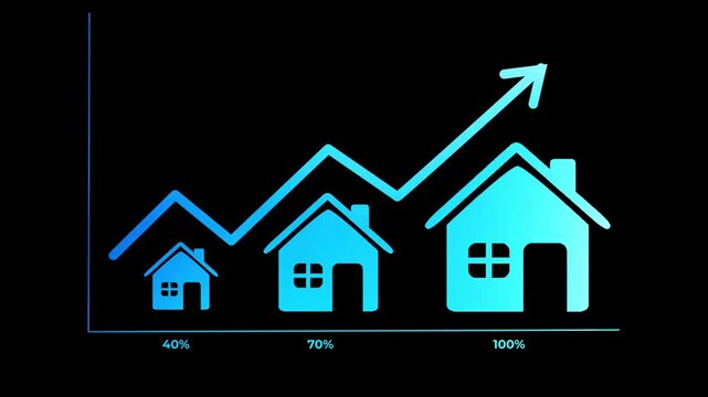 Illustration of Increasing House Icons with Upward Arrow, Glowing Blue Graphic Style, Dark Background. Concept of Real Estate Growth and Investment. 3d Rendering