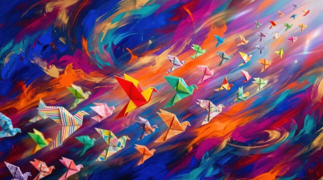 Colorful Origami Birds Soaring Through a Vibrant Abstract Sky.